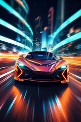 Futuristic sportcar on neon highway by Generative AI