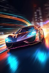 Futuristic sportcar on neon highway by Generative AI