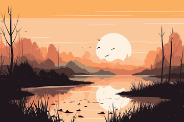 Wetland Minimalist flat design landscape vector art painting illustration generative ai