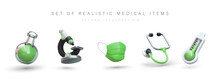 Collection Of Realistic Medical Green Objects. Round Glass Flask, Microscope, Medical Mask, Stethoscope, Alcohol Thermometer. Vector Elements For Positive Web Design