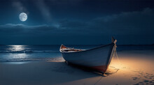 Boat On The Beach In The Night Wallpaper Background Landscape Boating Wallpaper With Dreamy Look. Generative AI.