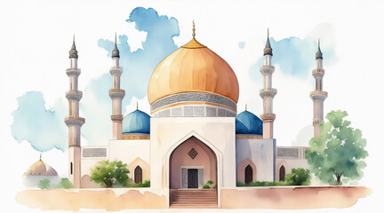 Wall Mural - A watercolor painting of a mosque. Generative AI.