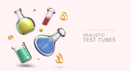 colorful realistic 3d test tubes. advertising poster for hospital. medical research and tests concep
