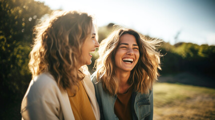 two blond young women laughing and having fun together in nature