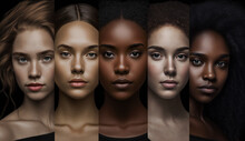 Real Beauty Exists In Every Corner Of The World And Is Presented By Women Of All Races. Group Portrait Of Five Beautiful Ladies In Black Tops And With Different Skin