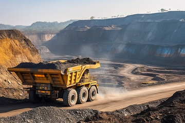 Open pit mine industry, big yellow mining truck for coal anthracite. Generative AI.