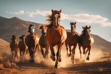 Group Of Horses Running Gallop In The Desert. Generative AI