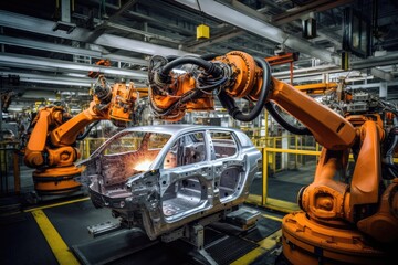 Fototapete - Robotic arm for electronic assembly line. Smart modern factory automation using advanced machines.