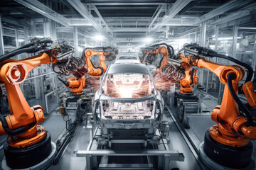 Fototapete - Robotic arm for electronic assembly line. Smart modern factory automation using advanced machines.