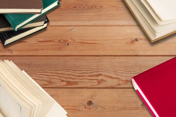 Poster - Old retro reading book on wooden desk