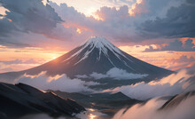薄明りの富士山と雲海