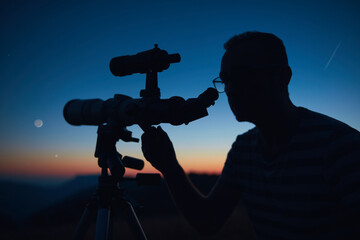 Wall Mural - astronomer looking at the starry skies and crescent moon with a telescope.