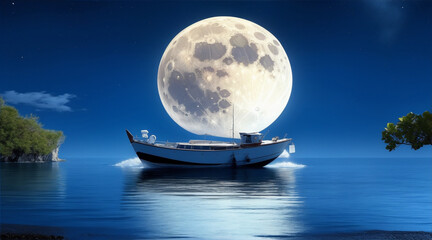 Wall Mural - Boat on the moon wallpaper background landscape boating. Generative AI.