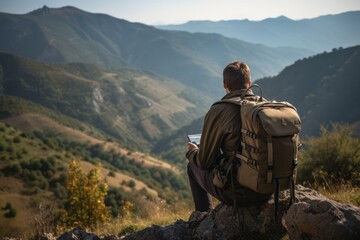 freelancer man working online while hiking in the mountains. travel and remote work concept