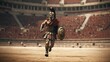 Generative AI, Realistic illustration of a fierce gladiator attacking, running. Armoured roman gladiator in combat wielding a sword charging towards his enemy.