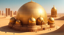 A City In The Desert With A Golden Dome And A Building With A Dome In The Middle. Generative AI.