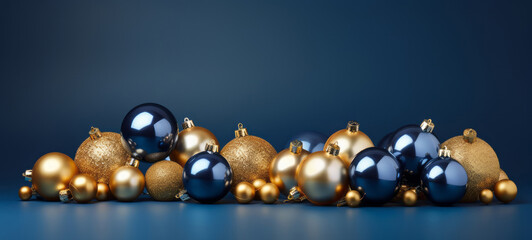 Wall Mural - Merry Christmas, festive celebration holiday holidays greeting card - Gold dark blue ornaments (christmas baubles) on dark blue table background (Generative Ai)