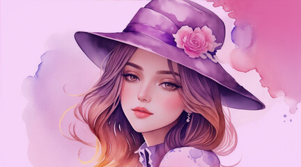 Sticker - Illustration of a beautiful girl wearing a hat watercolor art. G