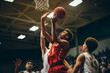 The competitive spirit of school sports captured in an action-packed basketball scoring moment