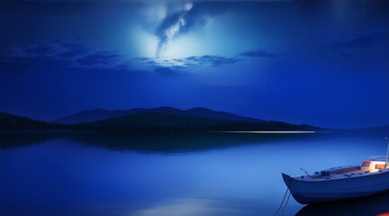 Poster - Boat on the night lake wallpaper background landscape. Generative AI.