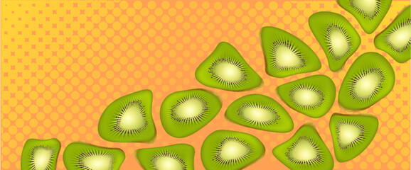  Colorful kiwi banner. Fruit composition on the dotted background. Distorted and deformed shapes. Concept of summer, surrealism and creativity.