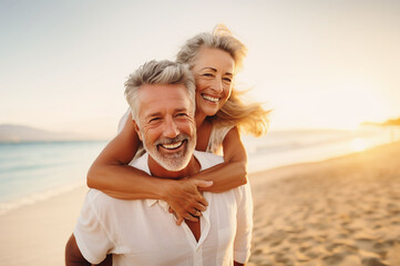 ai generated image of happy mature senior couple on the beach piggyback
