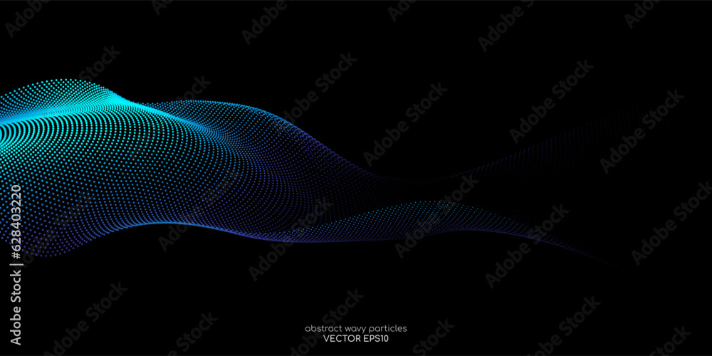 Flowing dot particles wave pattern blue and green gradient light ...