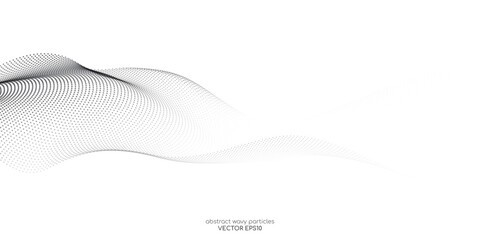 Poster - Flowing dots particles wave pattern 3D curve halftone black gradient curve shape isolated on white background. Vector in concept of technology, science, music, modern.