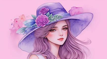 Sticker - A illustration of a beautiful girl wearing a hat watercolor art. Generative AI.