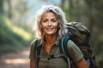 AI generated image of attractive mature senior woman on hiking