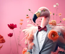 Creative Animal Concept. Flamingo Bird In Smart Suit, Surrounded In A Surreal Garden Full Of Blossom Flowers Floral Landscape. Advertisement Commercial Editorial Banner Card. 
