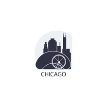 USA United States Chicago Cityscape Skyline Capital City Panorama Vector Flat Modern Logo Icon. US Illinois American State Emblem Idea With Landmarks And Building Silhouettes At Sunset Sunrise