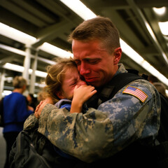 AI generated USA soldier returning home after service and being reunited with their family