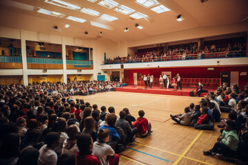 Wall Mural - Community and shared experiences - a panoramic view of a school assembly hall during an event