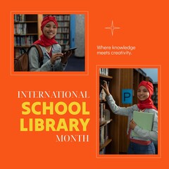 Poster - Collage of biracial woman in hijab with tablet in library, international school library month text