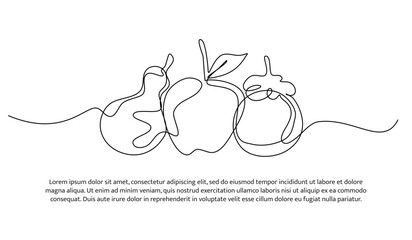 Wall Mural - Pear, apple and mangosteen one continuous line design. Fruits symbol design concept. Decorative elements drawn on a white background.