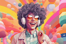 A Retro Art Colorful Collage Of A Young Female Student With Afro Hairstyle Wearing Headphones, Listening To Music, Smiling. Pink Color Palette. Generative AI Technology