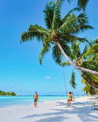 Praslin Seychelles tropical island with withe beaches and palm trees, couple of men and woman in hammocks swing on the beach under a palm tree at Anse Volber Seychelles.