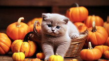Cute Kitten In A Basket With Pumpkins. Selective Focus.