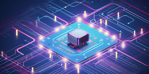 Data storage cube between neon pathways. Quantum computing, database, cloud computing concept.