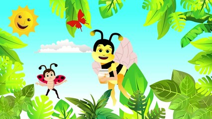 Wall Mural - Cute cartoon bee and ladybug flies above the flowers animation