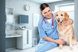 Fototapeta Zwierzęta - Young Veterinarian Petting a Dog in clinic, AI generated image