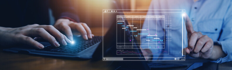 Businessman analyzing business Enterprise data management, business analytics with charts, metrics and KPIs to improve organizational performance, marketing, financial organization strategy.