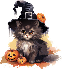 Vector Watercolor Black Cat With Hat And Pumpkin. Black Halloween Cat Illustration On White Background. Ai Generated Image