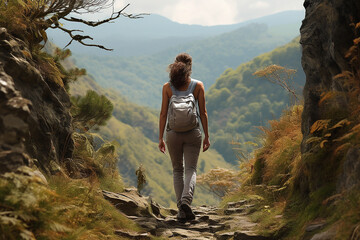 Woman hiker with a backpack gazes at a beautiful summer mountain landscape. Beautiful inspiring landscapes, trekking and activities. Generative AI