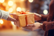 Winter love: hands together, exchanging Christmas presents