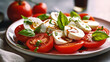 © Irina - Italian Caprese salad with sliced tomatoes, mozzarella cheese, basil, olive oil on light background. Vegetarian food Generative AI