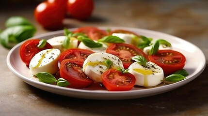 Italian Caprese salad with sliced tomatoes, mozzarella cheese, basil, olive oil on light background. Vegetarian food Generative AI