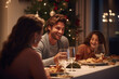 © marcin jucha - Happy family eating festive Christmas dinner with kids at home, Christmas tree in background. Generative AI