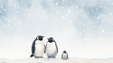 A Group Of Three Penguins Standing Next To Each Other On Ice